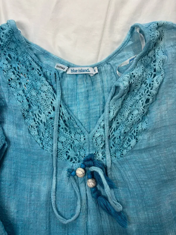 Blue Island Turquoise Boho Tiered Mini Dress Crochet Lace babydoll Cover Up Chic - Image 2