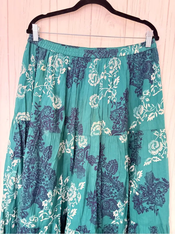 KRAZY KAT 100% Cotton Tiered Floral Maxi Skirt, Large, Teal Boho Cottagecore - Image 3
