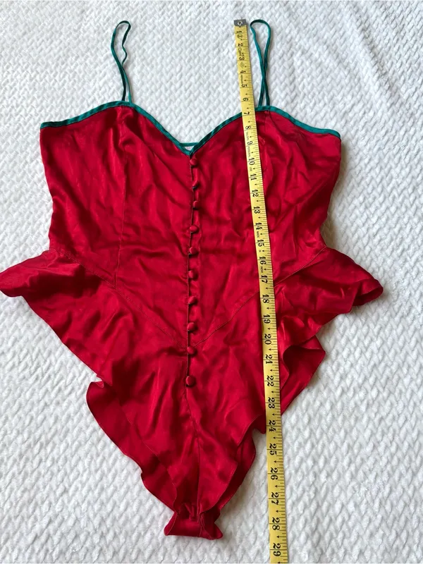 VTG 100% Silk Teddy Romper Bodysuit Lingerie M Red Coquette Button Down Pinup - Image 6