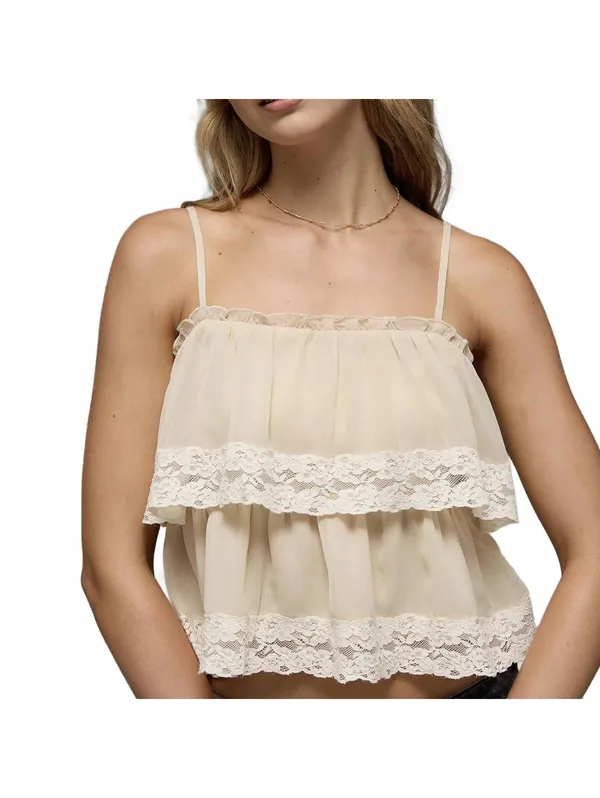 AE Chiffon Tiered Ruffle Tank Top American Eagle NWT Light Khaki Large - Image 3