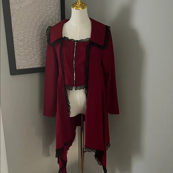 SheIn Elegant Burgundy Women's Jacket with Black Lace Trim - Image 2
