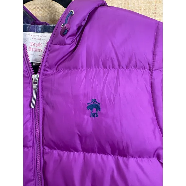 Brooks Brothers Purple Hooded Down Puffer Vest Plaid Lined Women Size 12 - Image 2