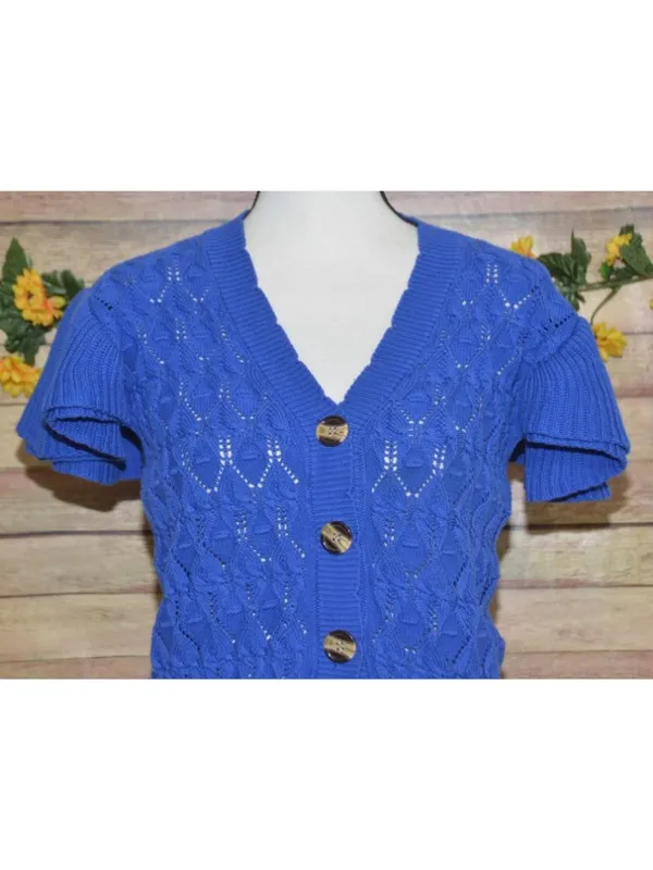 ANOTHER LOVE Size L Pointelle MIRA Flutter Sleeve Cardigan Sweater Cobalt Blue - Image 3