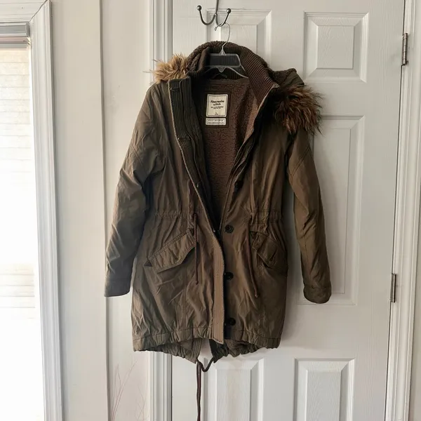 Abercrombie Military Green Brown Sherpa Fur Lined Hood Winter Parka Y2K Large - Image 10