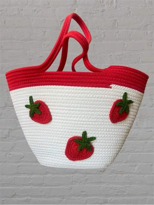 Sunglow Style Strawberry Woven Crochet White Rope Tote Bag Summer Beach Picnic - Image 2