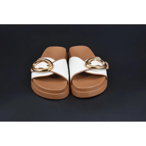 Steve Madden Slide Sandals Womens White Tan Gold Buckle Size 9.5 Canvas Slip - Image 2