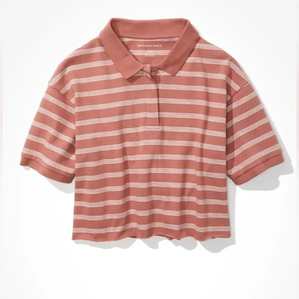 American Eagle Salmon‎ Pink and White Striped Cropped Polo Shirt - Image 2