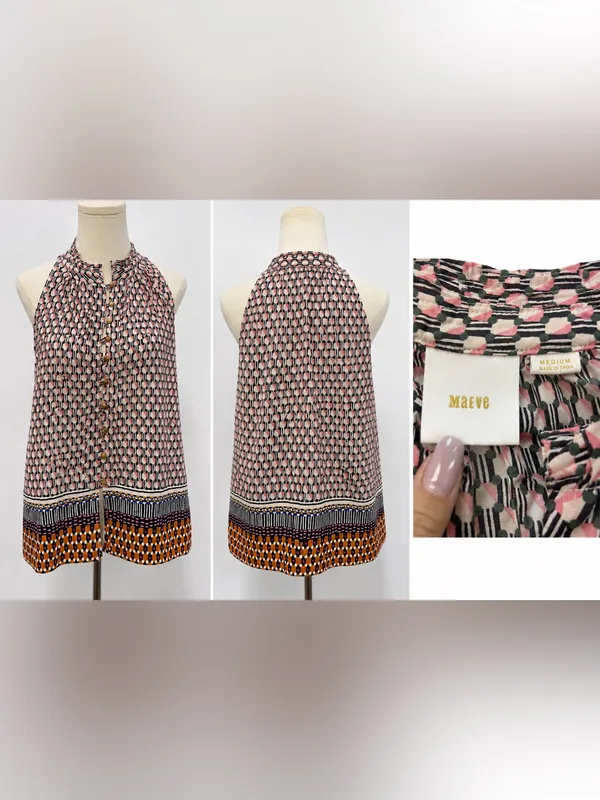 Maeve Anthropologie Geometric Print Halter Tank Top Medium 100% Cotton Boho - Image 4