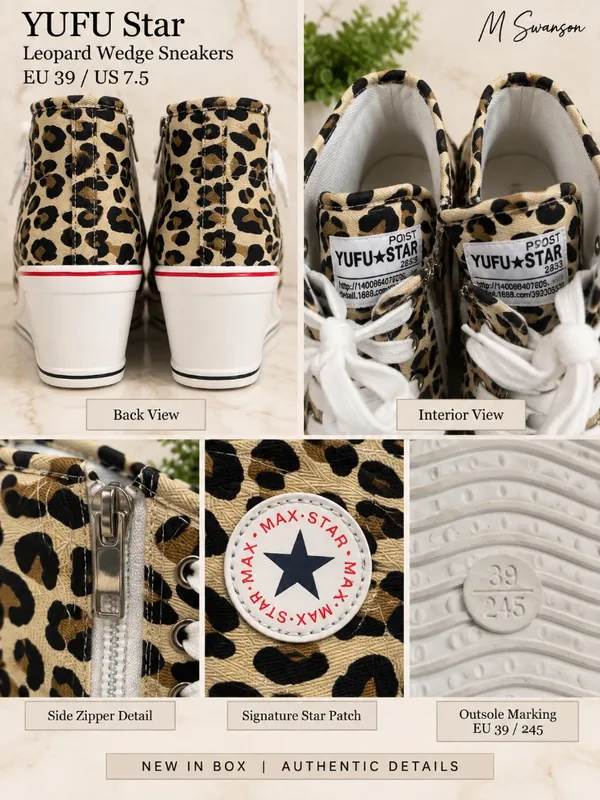 NEW YUFU Star Leopard High-Top Hidden Wedge Sneakers EU 39 / US 7.5 NIB - Image 5