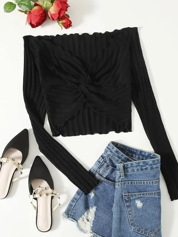 SheIn Black Long Sleeve Crop Top - Image 2