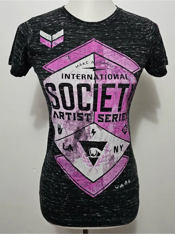Buckle Society Graphic Tee Small Black Pink Burnout Fitted Y2K Grunge Streetwear - Image 2