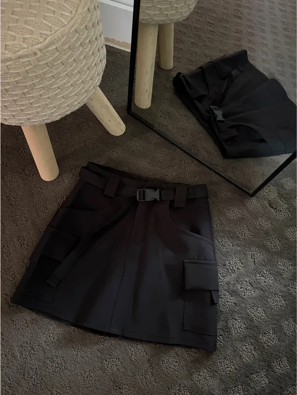 Black High-Waist Buckle-Front Mini Skirt - Cargo - Image 4
