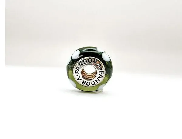 Pandora White Flowers Green Murano Glass Authentic Bead Charm - Image 6