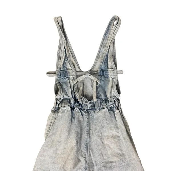 FREE PEOPLE Alora Denim Wide Leg Culotte Tieback Jumpsuit Light Wash Size XS - Image 9