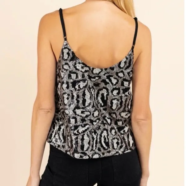 GILLI Sequin Leopard Print Crop Tank Top Camisole Black Silver Adjustable Size M - Image 3