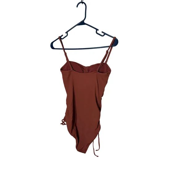 Aerie Womens Ribbed Cutout One Piece Swimsuit Rust Brown Ruched Medium - Image 6