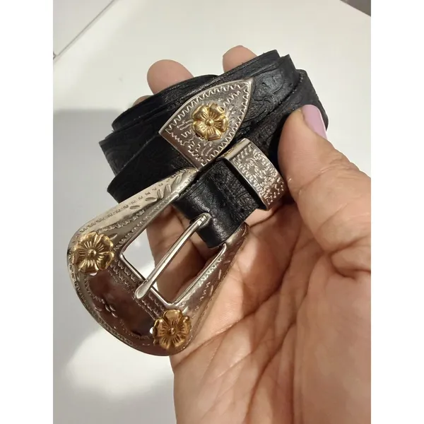 Vintage Nicole Black Suede Silver Western Buckle Belt - M/L 38.5" Slim‎ - Image 2