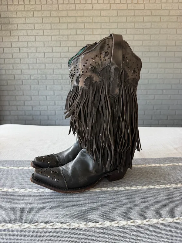 Corral Sierra Fringe Studded Cowgirl Boots Dark Brown Leather Size 5.5 Rodeo - Image 6
