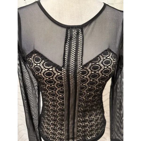 Residents On Sexy Stretch Mesh Long Sleeves Lace Corset Top Black Size Small - Image 3
