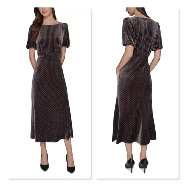 Karl Lagerfeld Paris Velvet Pinstripe Rhinestone Midi Maxi Dress Brown 8 Holiday - Image 2