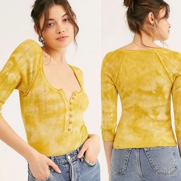 Y2K Free People XS Button Hanley Top‎ 3/4 Sleeve Gold Yellow Pointelle Coquette - Image 2