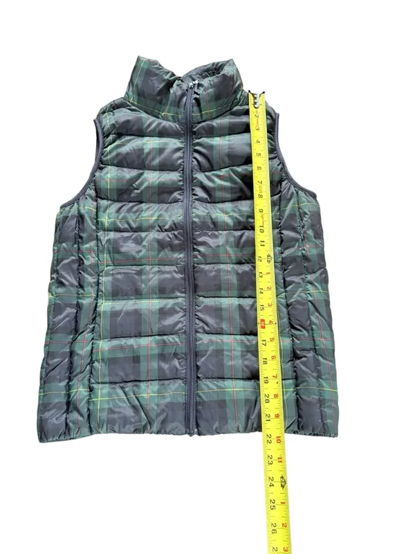 UNIQLO Ultra Light Down Puffer Vest Navy Blue Green Plaid Womens Small - Image 8