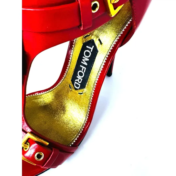 Tom Ford Red Leather Buckle T Strap High Heel Sandals EU 37.5 - Image 4
