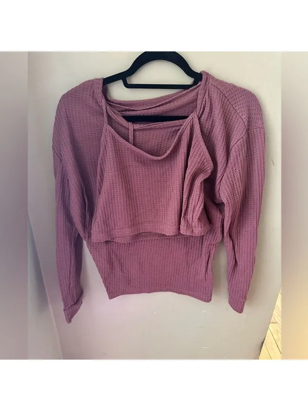 3 Piece Lounge Set, Long Sleeve Top, Cami Top & Elastic Waistband Shorts - Image 4