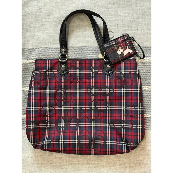 Vintage COACH Poppy Tartan Plaid Large Glam Tote Bag Y2K With Wallet EUC - Image 2