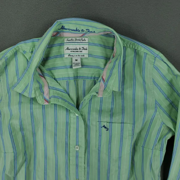Abercrombie & Fitch Button Down Shirt Womens M Green Striped Stretch Poplin‎ Top - Image 2