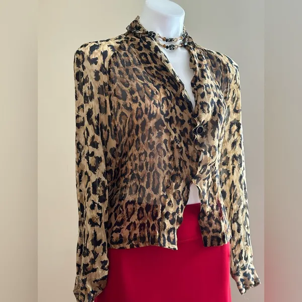 Vintage Anne Pinkerton Sheer Animal Print Leopard Blouse SZ S Good Condition - Image 3