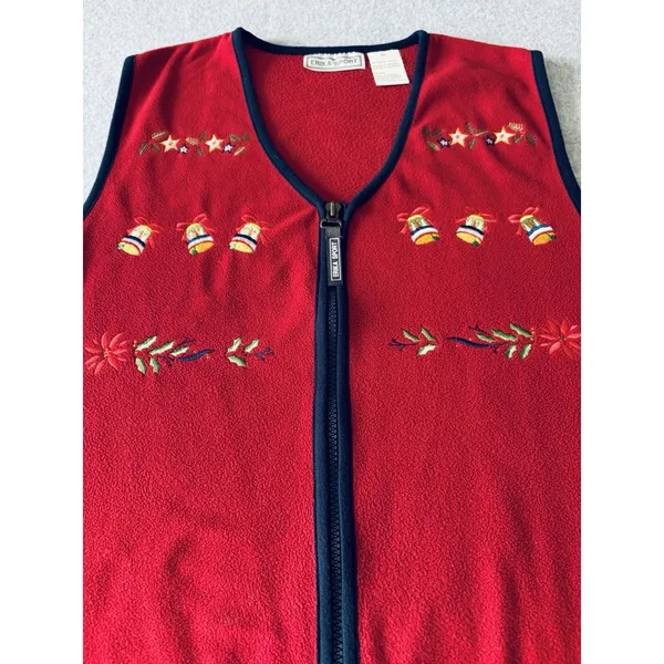 Vintage Erika Sport Womens Fleece Vest Red Embroidered Bells Holiday Christmas M - Image 6