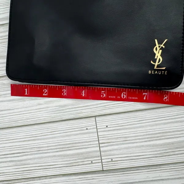 YSL Beaute make up cosmetic bag pouch logo vegan leather zipper black gold - Image 10