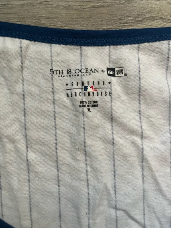 5th & Ocean White Blue Pinstripes Sequin Chicago Cubs Baseball Tee V Neck XL Top - Image 6