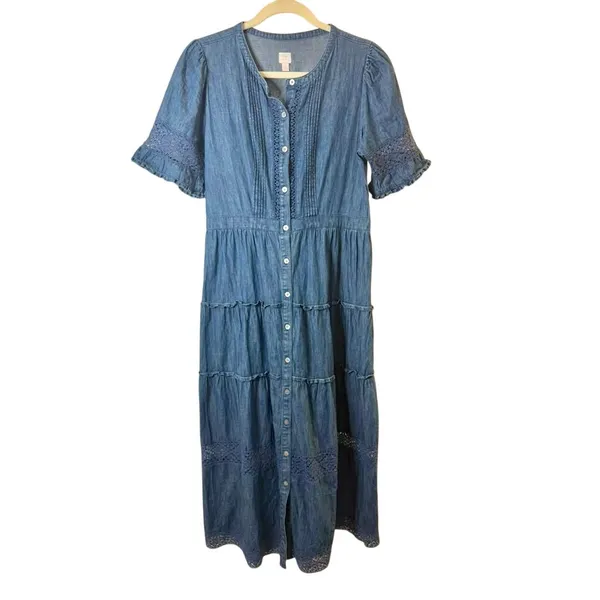 Gap × LoveShackFancy Denim Tiered Midi Dress with lace and ruffle detail sz. S - Image 2
