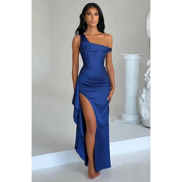 NWT Babyboo Juliene Navy Blue Satin Draped Cowl Neck Maxi Dress Womens Size S - Image 2