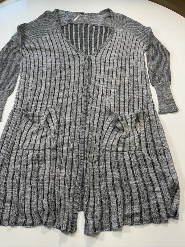Free People Cotton Blend Heather Gray Longline Ribbed Cardigan Size Medium - Image 2
