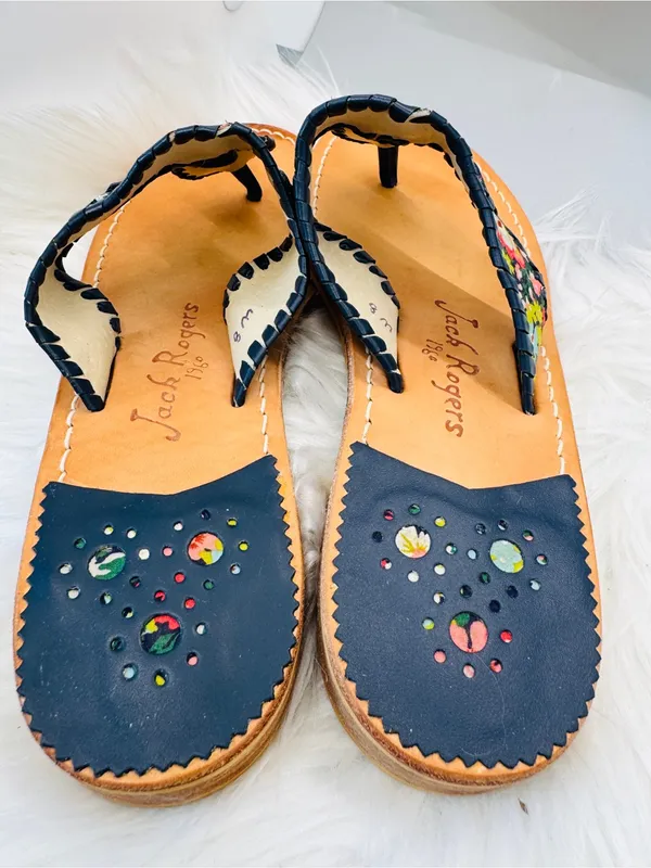 Jack Rogers Jacks Flat Sandal Multicolor Floral Trim leather boho western Indy - Image 6