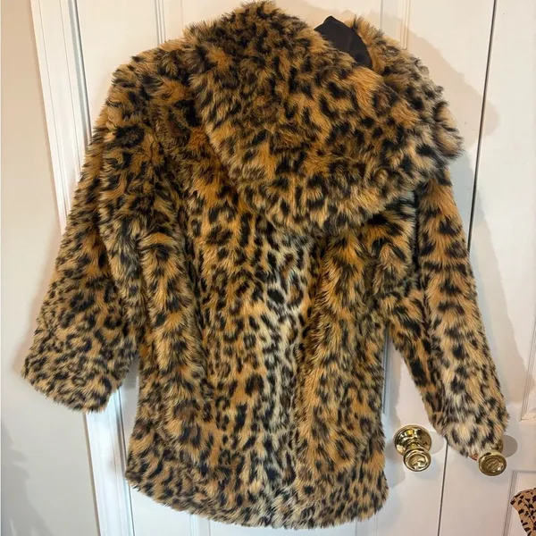 Leopard Print Faux Fur Hooded Coat – Women’s Small – Statement Winter Jacket - Image 2