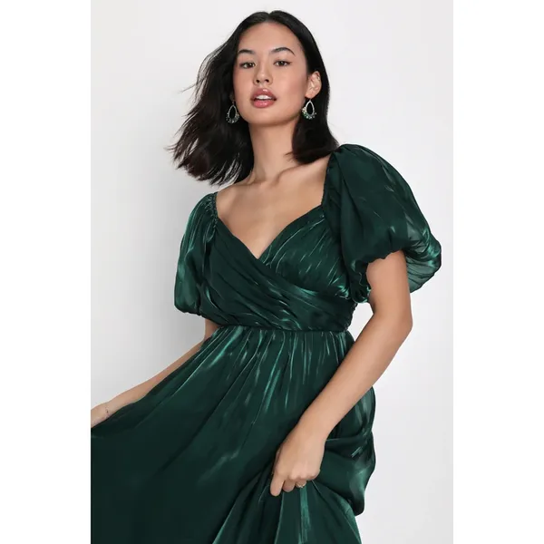 Lulus Remarkable Sensation Emerald Green Puff Sleeve Tiered Dress Party Small - Image 7