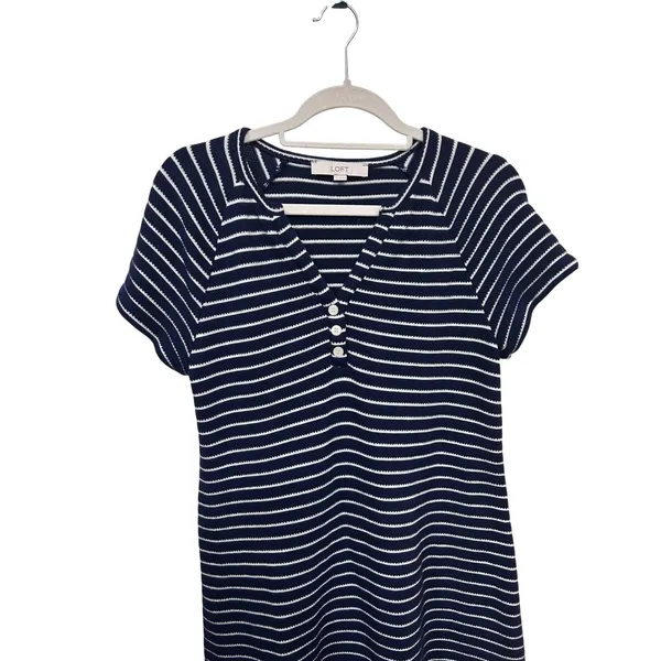 LOFT Womens Navy Blue Striped Cotton Short Sleeve Dress Nautical Coastal Medium - Image 8