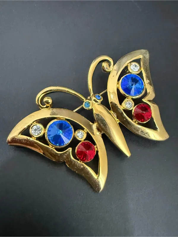 Vintage Regency Accessories Gold-tone Blue & Red Rhinestones Butterfly Brooch - Image 5