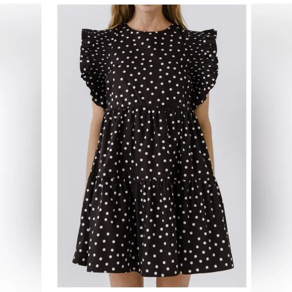 ENGLISH FACTORY Black Polka Dot Ruffle Mini Dress XS Babydoll Pockets NWT - Image 3