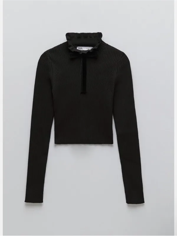 NWOT ZARA Black Ribbed Knit Ruffle Neck Sweater Velvet Bow Size L - Image 2