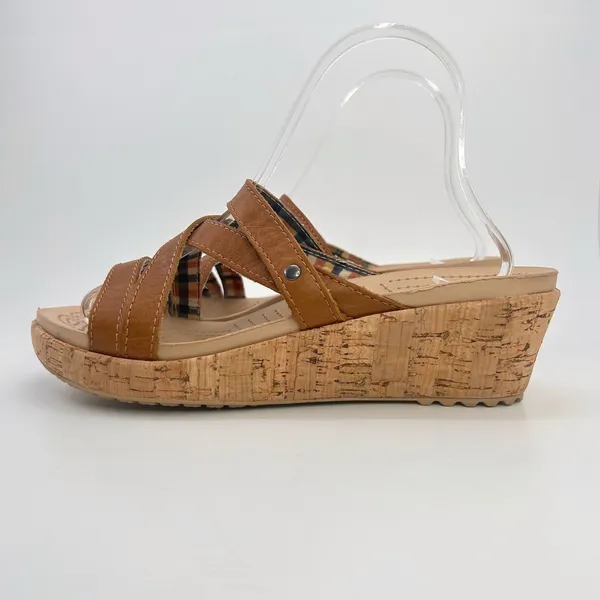 Crocs A-Leigh Leather Cork Wedge Sandals Brown Strappy Slip On Womens 8 Comfort - Image 4