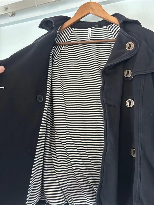 Michael Stars Black Double-Breasted Peacoat with Striped Lining - Image 4
