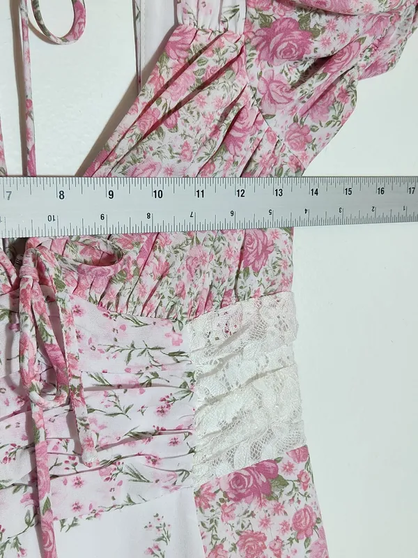 Altar'd State Pink and White Floral Boho Patchwork Mini Dress Size XS Flaw - Image 8