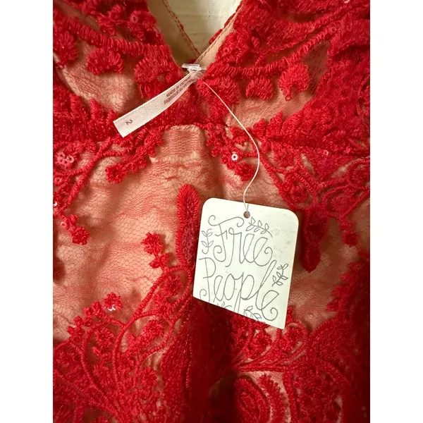 Free People Red Sequin Lace Mini Dress V-Neck Spaghetti Strap Cocktail Size 2 - Image 2