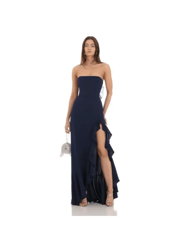 Lucy In The Sky Navy Blue Strapless Back Bow Corset Maxi Dress XXS - Image 3
