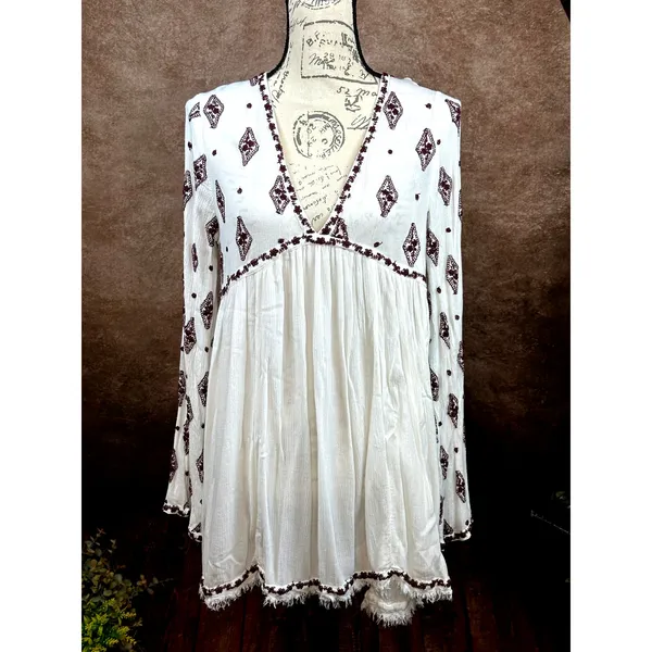 Free People Embroidered Diamond Top Mini Dress Cream Burgundy size S - Image 8
